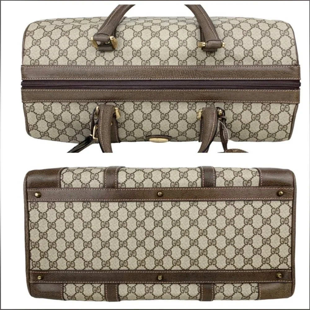 Vintage Gucci GG Supreme Boston Bag Travel Duffle Brown Monogram Leather Trim - Picture 7 of 15